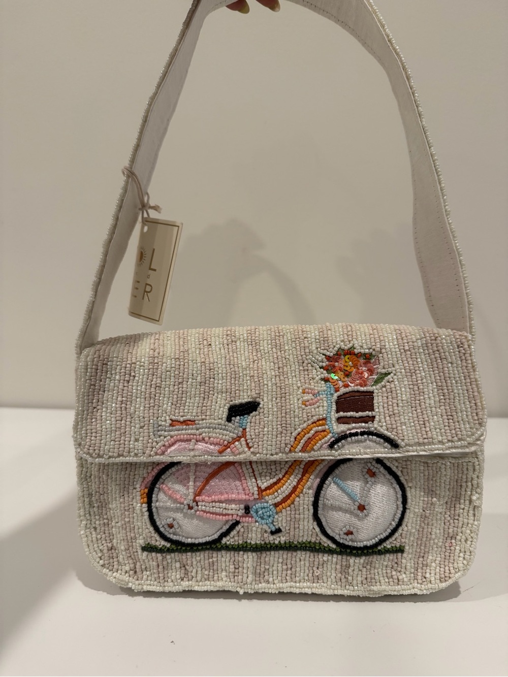 Beaded Bicycle Embroidered Crossbody Bag in Cream -